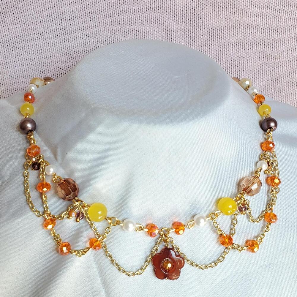 Orange and yellow cottagecore fall-themed layered gold chain beaded necklace